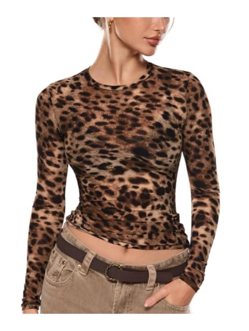 Mesh Sheer Long Sleeve Top Slim Fit Crew Neck Pullover